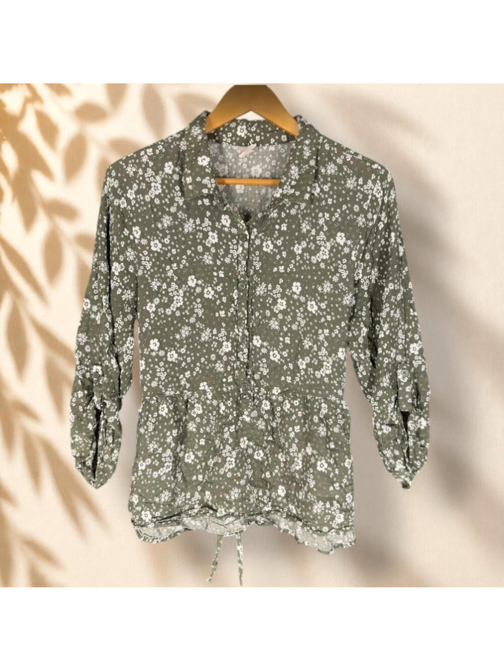 NoBo Shirt Women 3XL Green Floral Button Up Collared 3/4 Sleeve Belted Tasseled